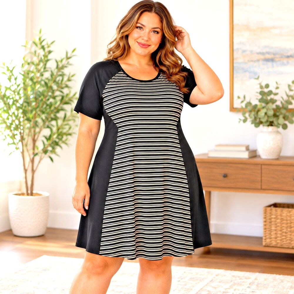 Lane Bryant Womens 18/20 Black Tan Striped Colorblock A Line Stretch Dress